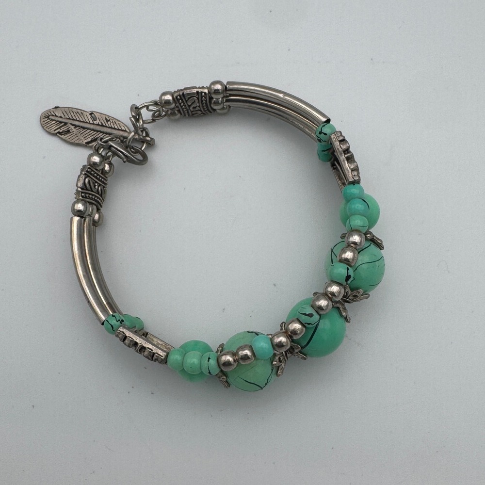 Faux‎ Turquoise Beaded Cuff Bracelet Southwestern Boho Silver Tone Feather